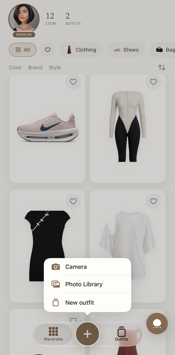 The add menu: camera, photo library, new outfit